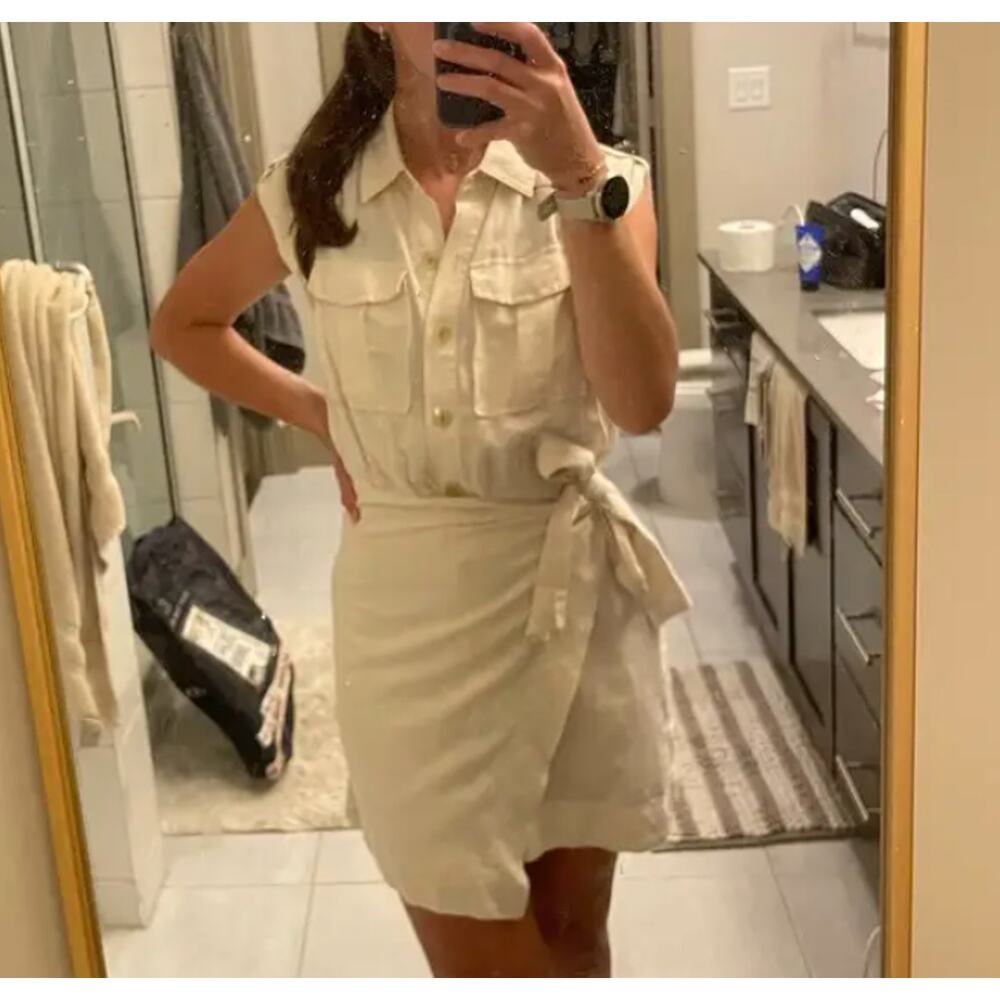Derek Lam Beige Apron Wrap Mini Dress SIZE 2 Linen Designer Work Safari $365